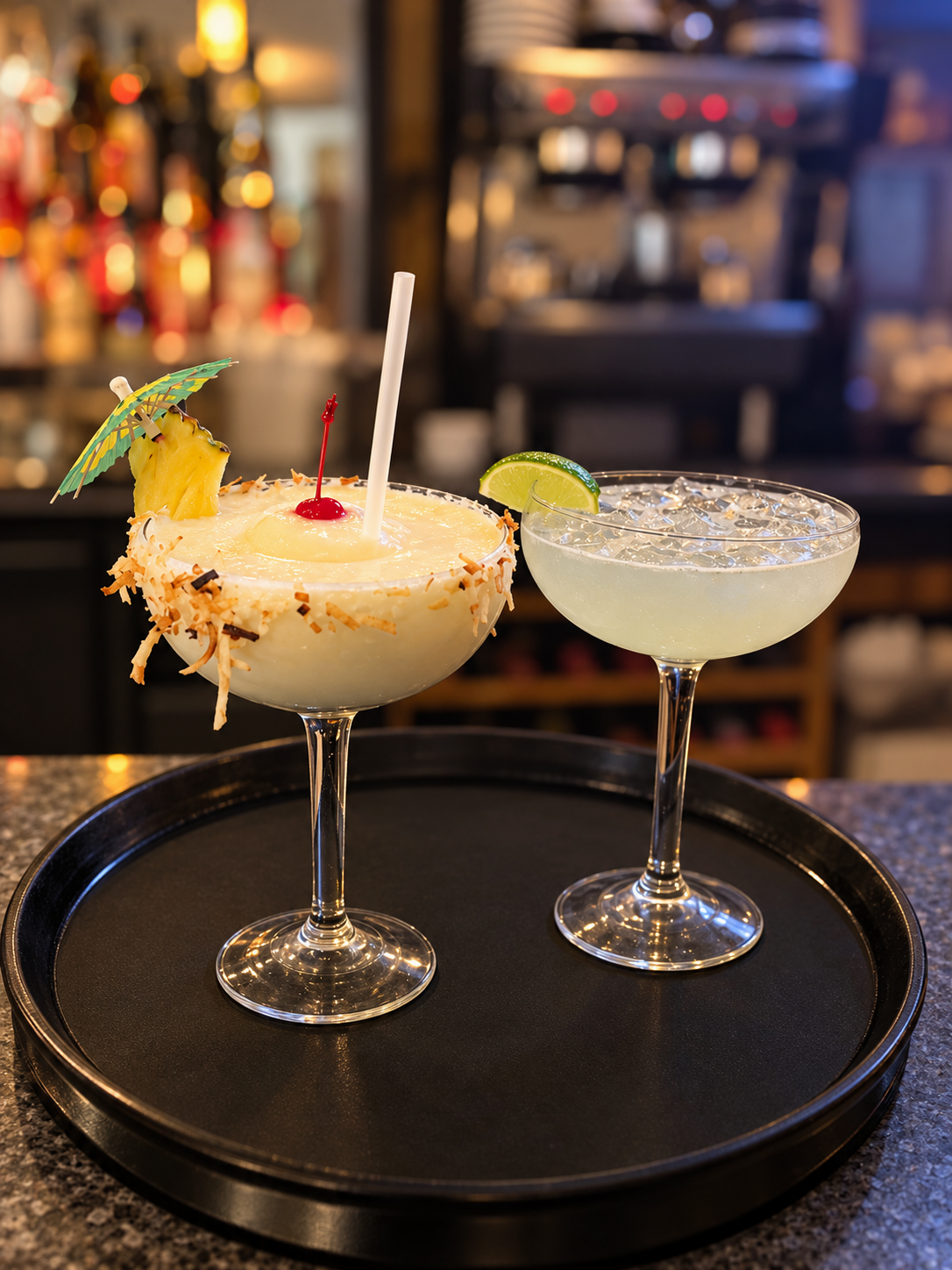 A piña colada and a lime margarita on a tray at the bar